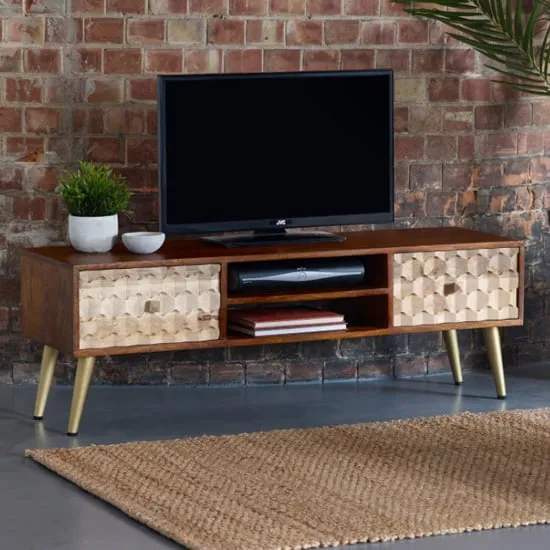Nosid TV Stand with 2 Drawers 1 Shelf - Dark Walnut, Mango Wood