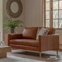 Obento 2-Seater Sofa with Wooden Legs - Vintage Brown, Leather