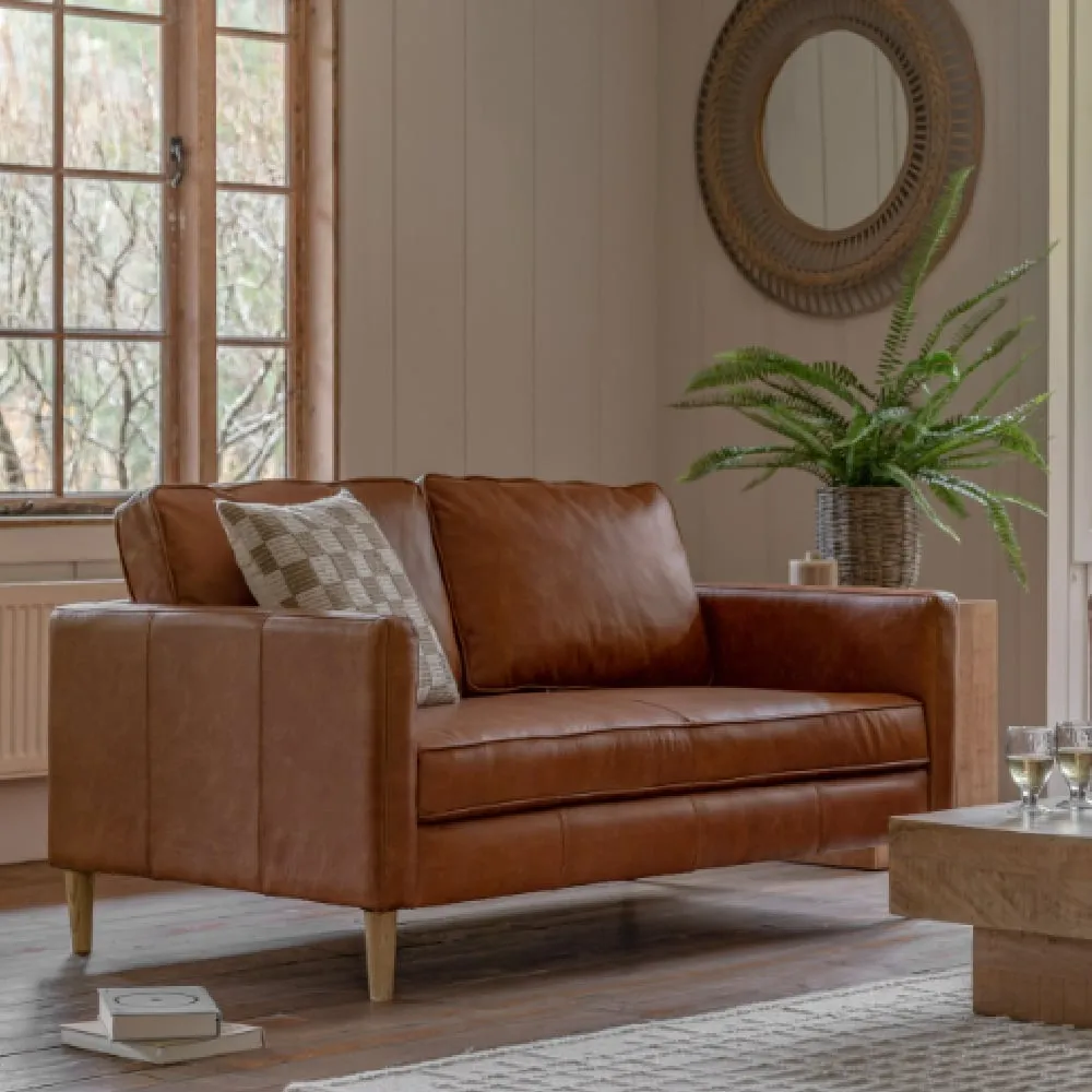 Obento 2-Seater Sofa with Wooden Legs - Vintage Brown, Leather image