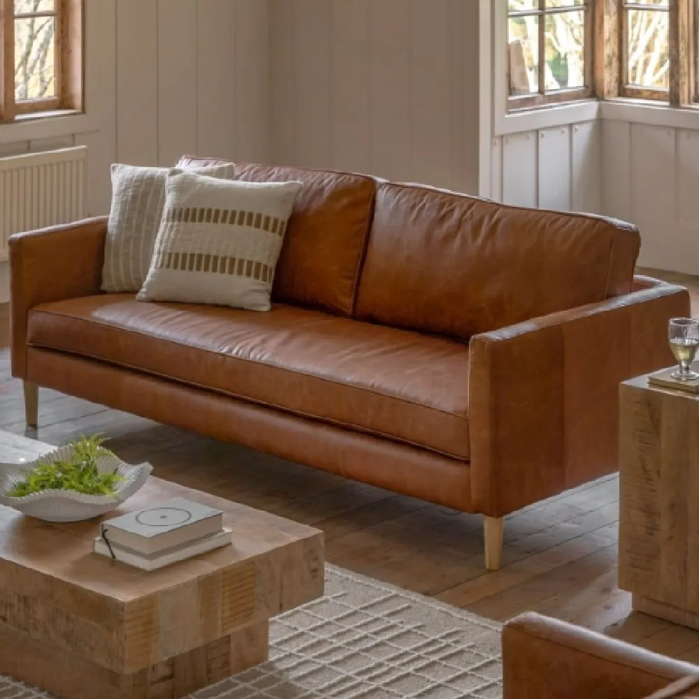 Obento 3-Seater Sofa with Wooden Legs - Vintage Brown, Leather