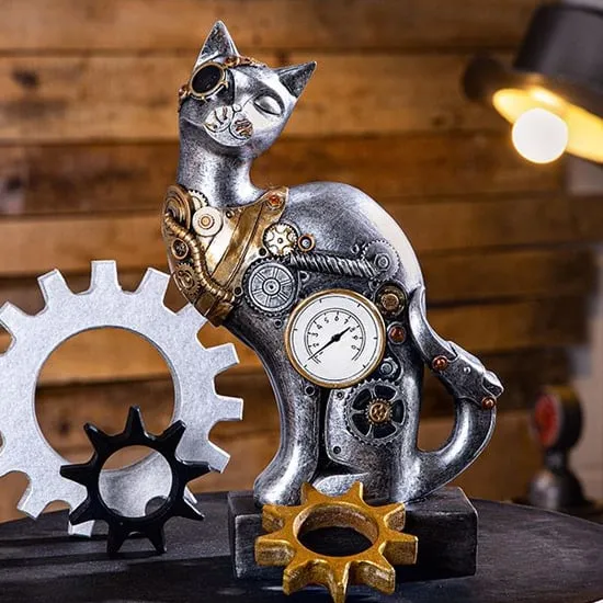 Ocala Steampunk Cat Sculpture - Silver, Polyresin