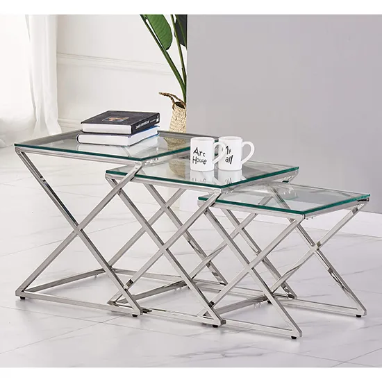Odell Nest of 3 Tables - Clear, Glass and Silver Metal product