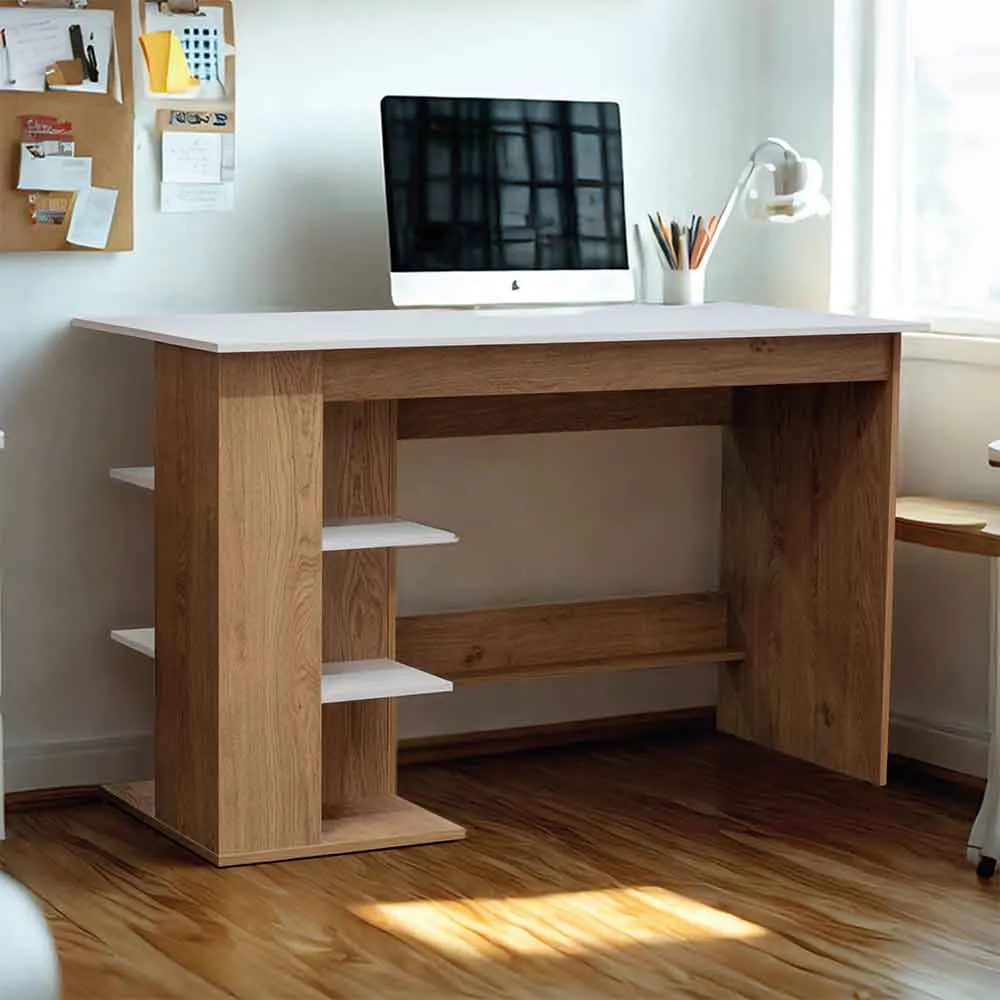Odenton Laptop Desk with 2 Shelves - White, Oak product