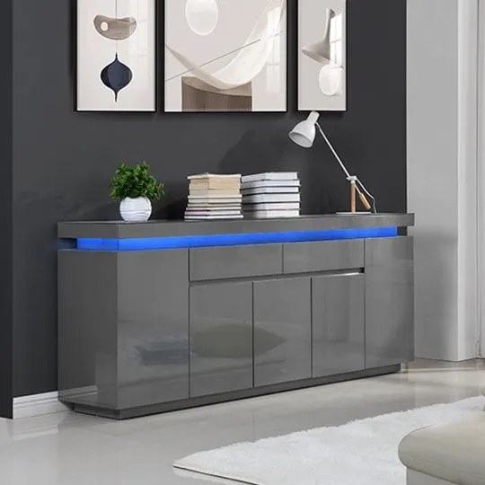 Odessa Large Sideboard with LED - Grey, High Gloss
