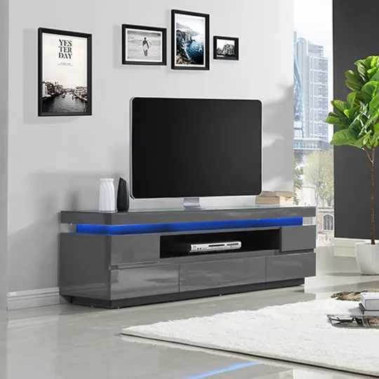 Odessa TV Stand with 5 Drawers and LED Lights - Grey image