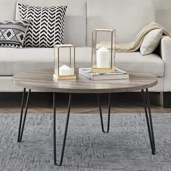 Ojai Round Coffee Table with Black Legs - Grey Oak