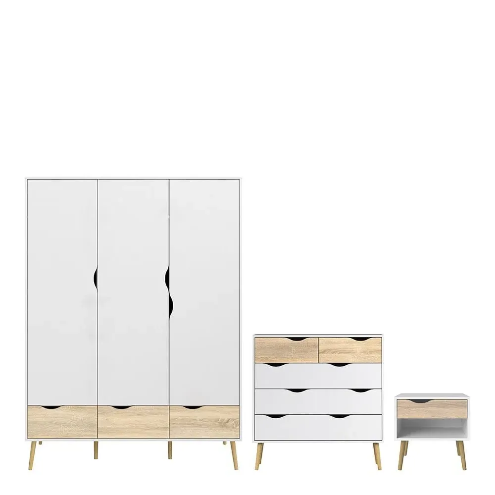 Okla Wooden Bedroom Set with 3-Door Wardrobe - White, Oak