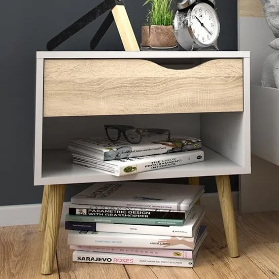 Oklo Bedside Cabinet with Drawer - White, Oak image