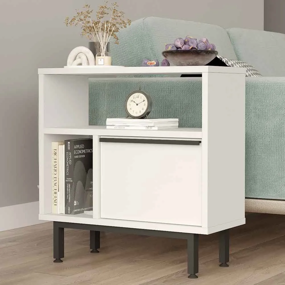 One Wooden Side Table with 1 Door - White, Melamine Particleboard product