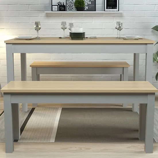 Onia Rectangular Dining Table with 2 Benches - Grey, Oak image