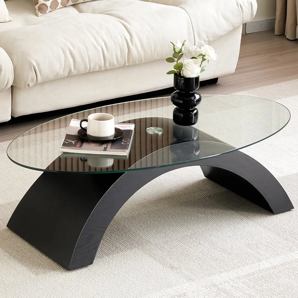 Opel Oval Coffee Table - Clear Glass, Black Oak
