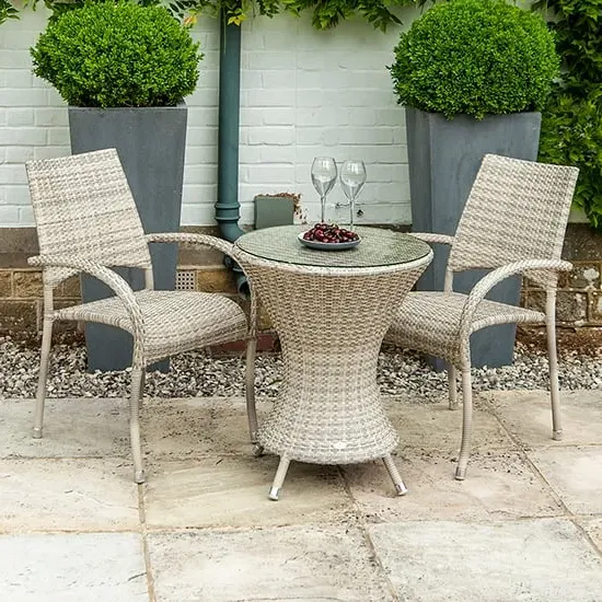 Ottery 600mm Glass Bistro Set with 2 Fiji Armchairs - Pearl