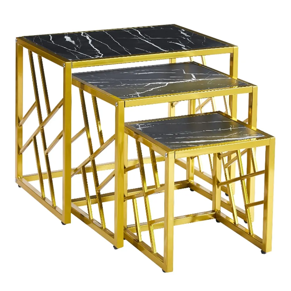 Ovid Nest of 3 Tables - Black Marble Effect, Gold Metal