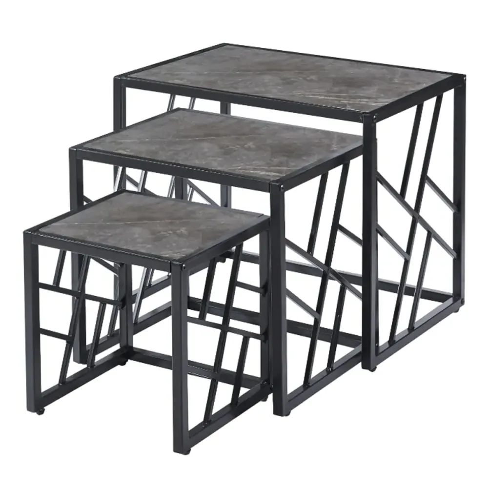 Ovid Nest of 3 Tables - Grey Marble Effect, Black Frame