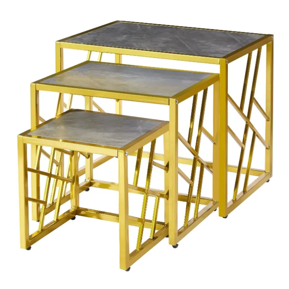 Ovid Nest of 3 Tables - Grey Marble Effect, Gold Frame