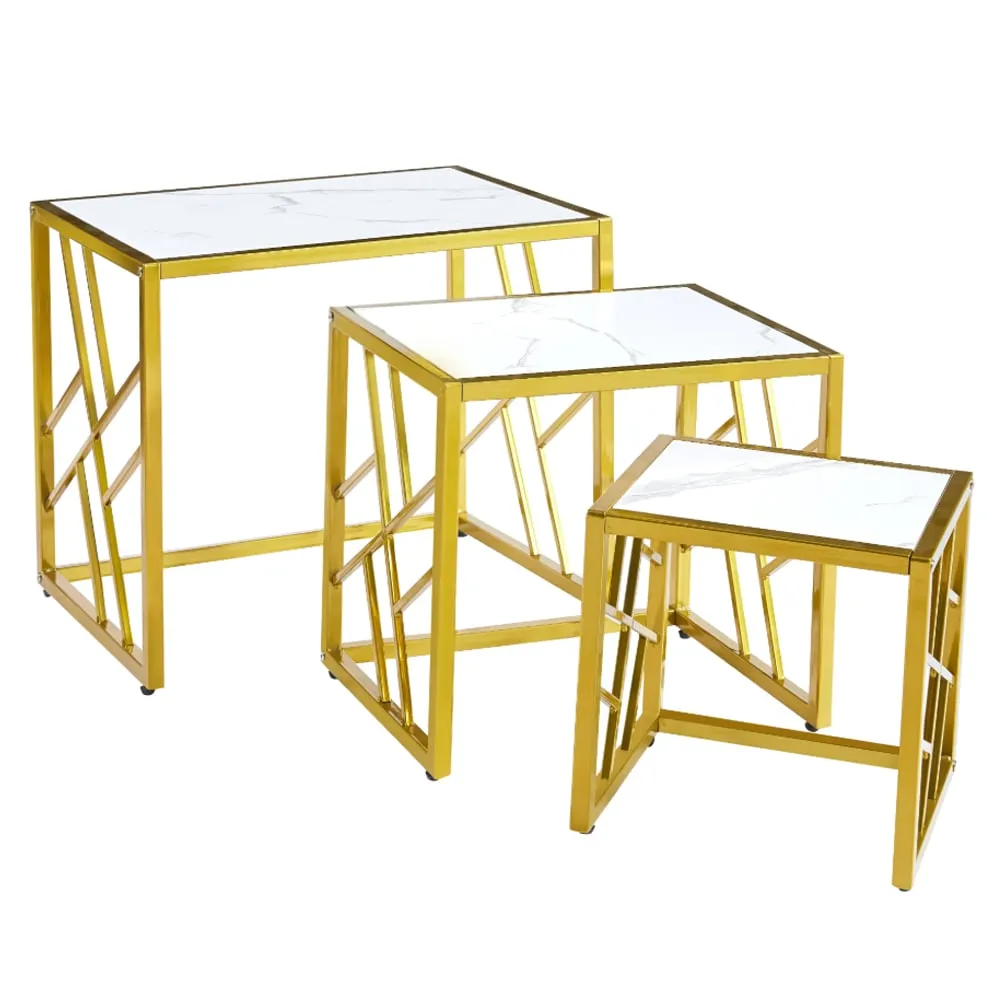 Ovid Nest of 3 Tables - White Marble Effect, Gold Metal