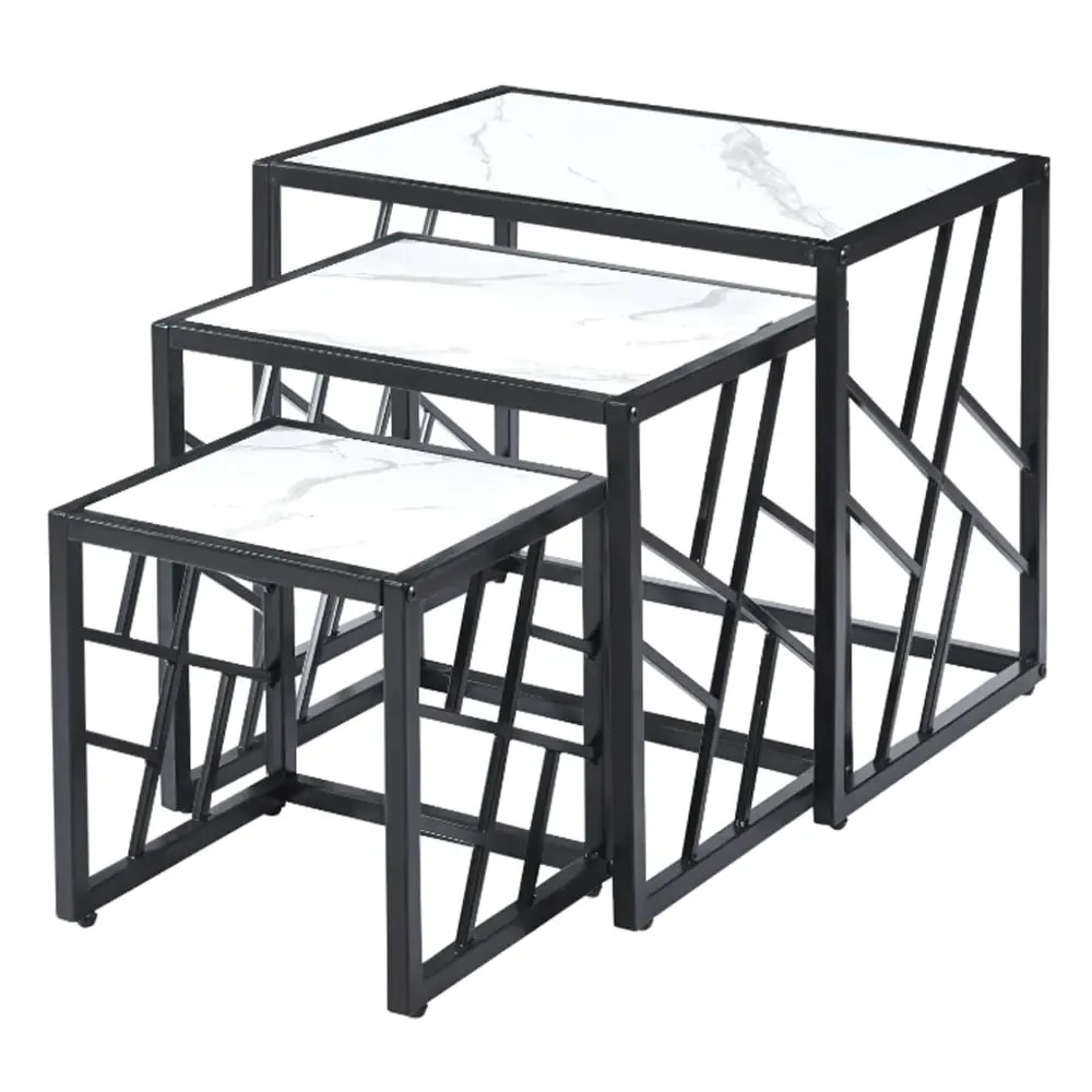 Ovid Nest of 3 Tables - White Marble Effect, Metal