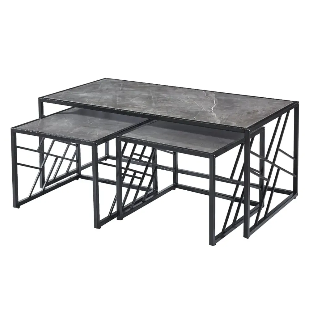 Ovid Nesting Coffee Tables - Grey Marble Effect, Black Frame