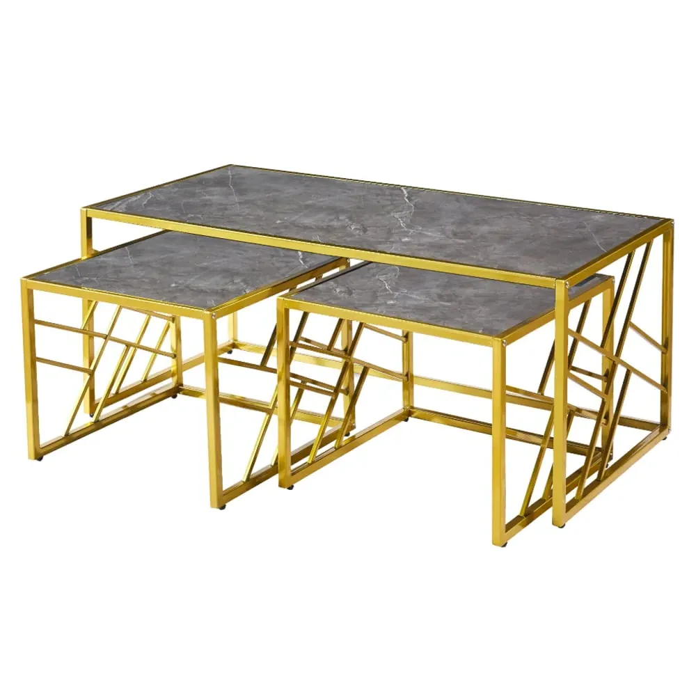 Ovid Nesting Coffee Tables - Grey Marble Effect, Gold Frame