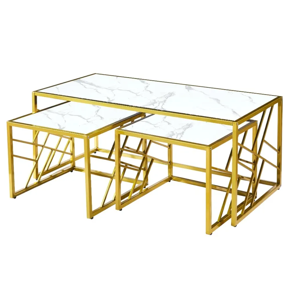 Ovid Nesting Coffee Tables - White Marble Effect, Gold Metal
