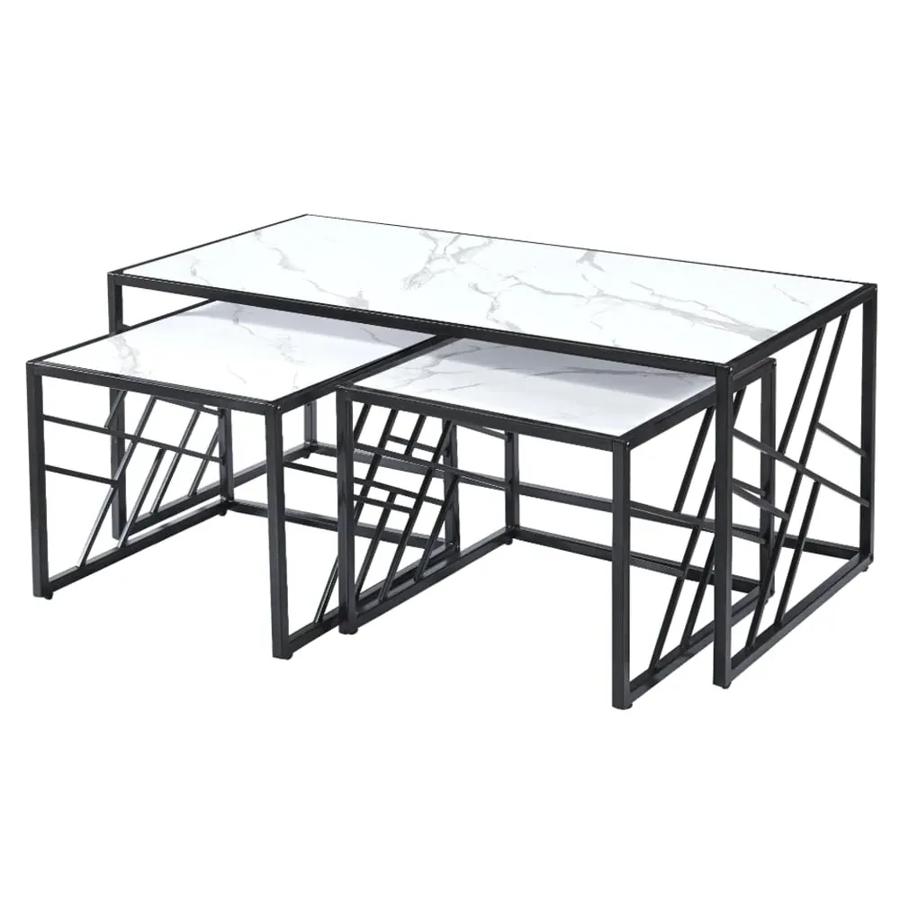 Ovid Nesting Coffee Tables - White Marble Effect, Metal