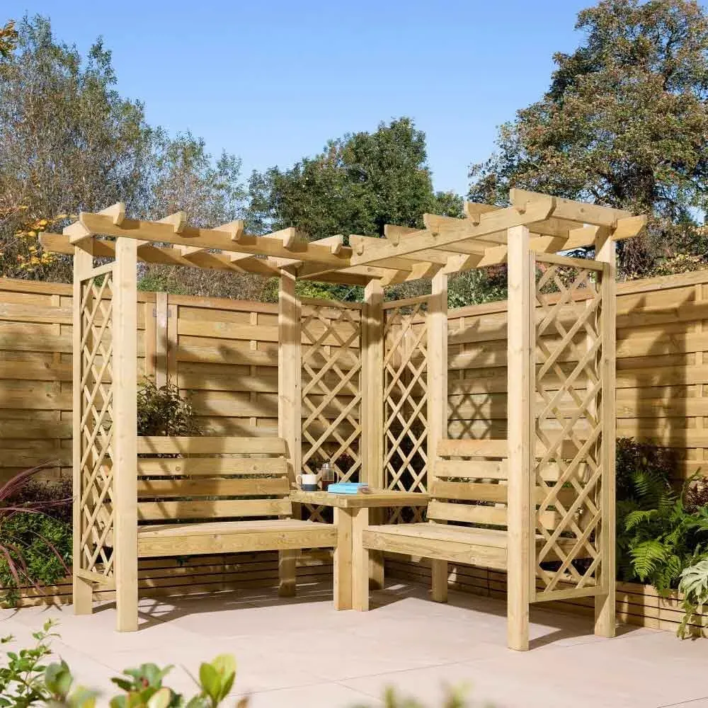 Oxer Corner Garden Arbour with Seating - Natural Timber product