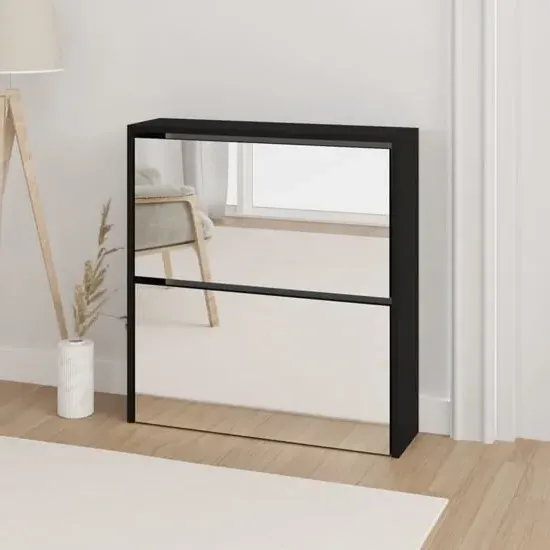 Ozark Mirrored Shoe Cabinet with 2 Flaps - Black