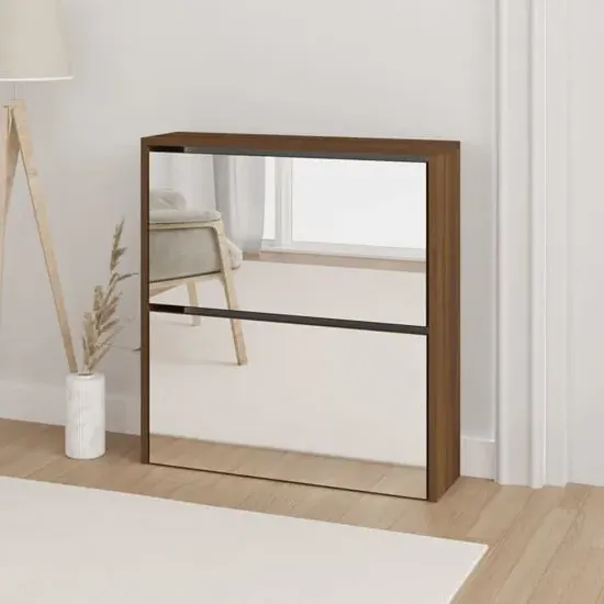 Ozark Mirrored Shoe Cabinet with 2 Flaps - Brown Oak
