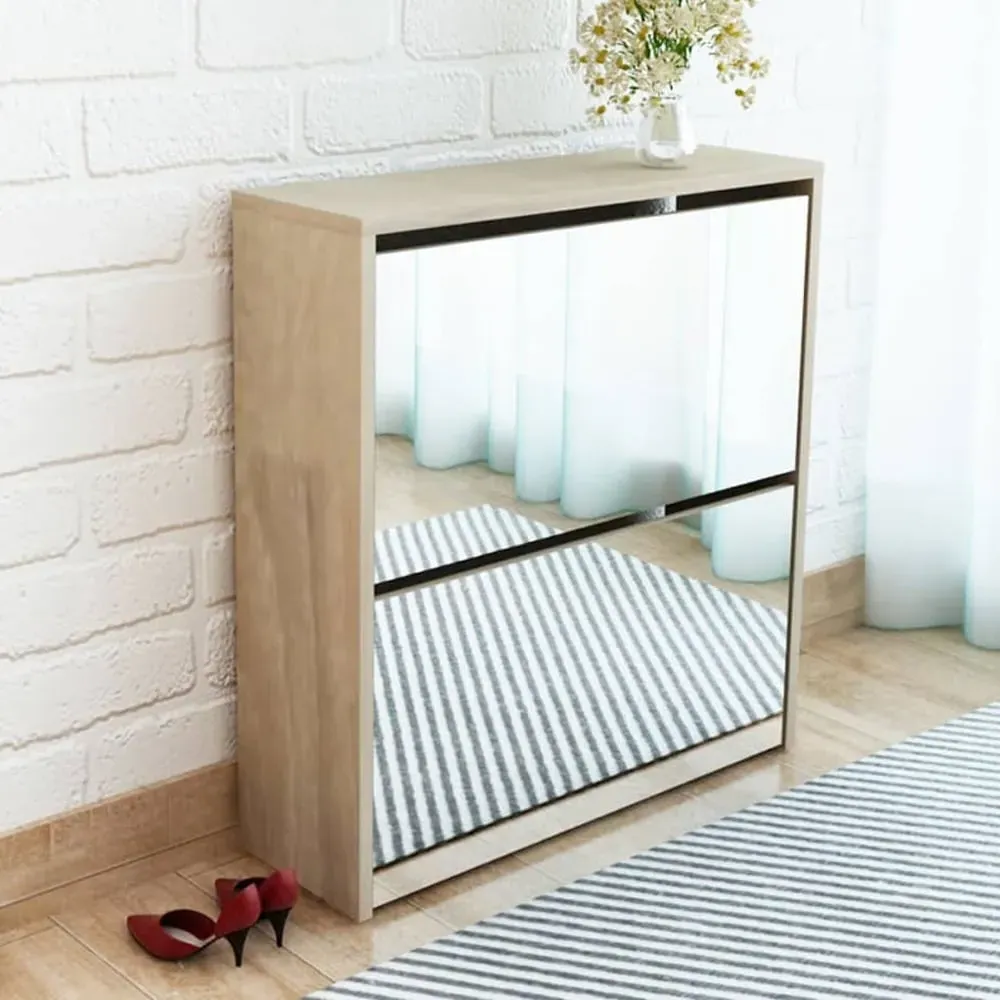 Ozark Mirrored Shoe Storage Cabinet with 2 Flip Doors - Oak image