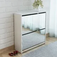 Ozark Mirrored Shoe Storage Cabinet with 2 Flip Doors - White