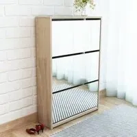 Ozark Mirrored Shoe Storage Cabinet with 3 Flip Doors - Oak