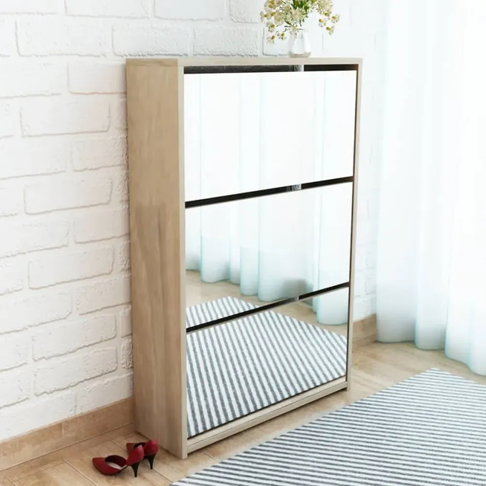 Ozark Mirrored Shoe Storage Cabinet with 3 Flip Doors - Oak