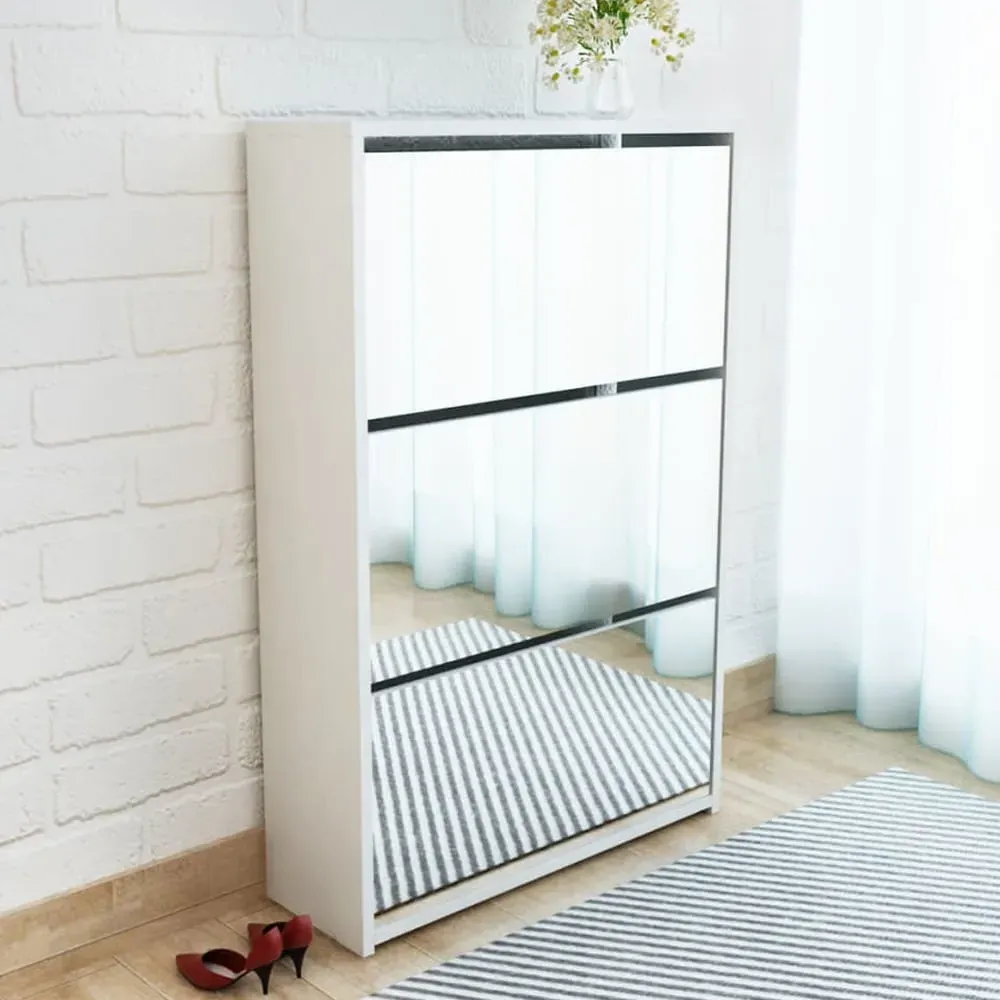 Ozark Mirrored Shoe Storage Cabinet with 3 Flip Doors - White