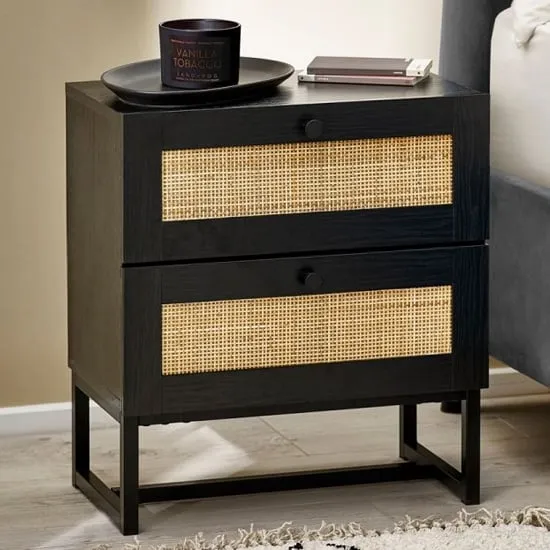 Pabla Bedside Cabinet with 2 Drawers - Black, Rattan image