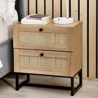 Pabla Bedside Cabinet with 2 Drawers - Oak, Rattan