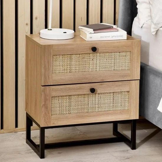 Pabla Bedside Cabinet with 2 Drawers - Oak, Rattan