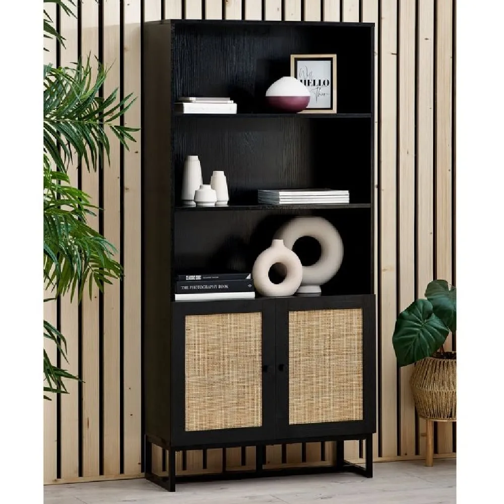 Pabla Bookcase with 2 Doors - Black, Rattan
