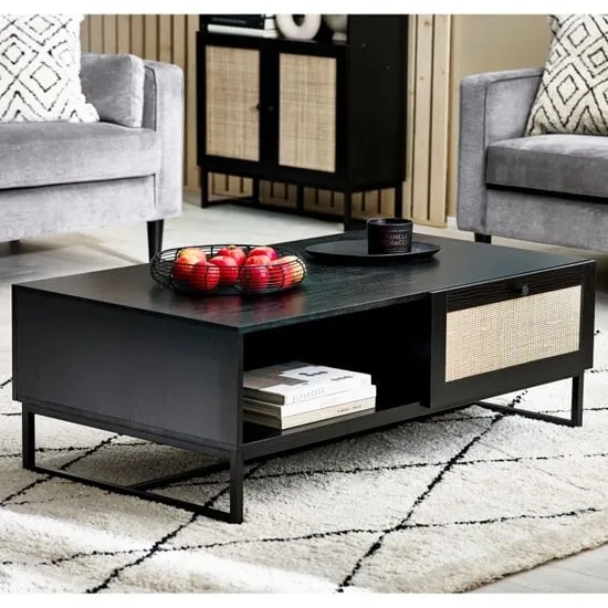 Pabla Coffee Table with 2 Drawers - Black, Rattan