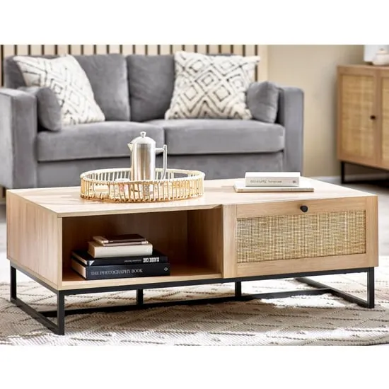 Pabla Coffee Table with 2 Drawers - Oak, Rattan
