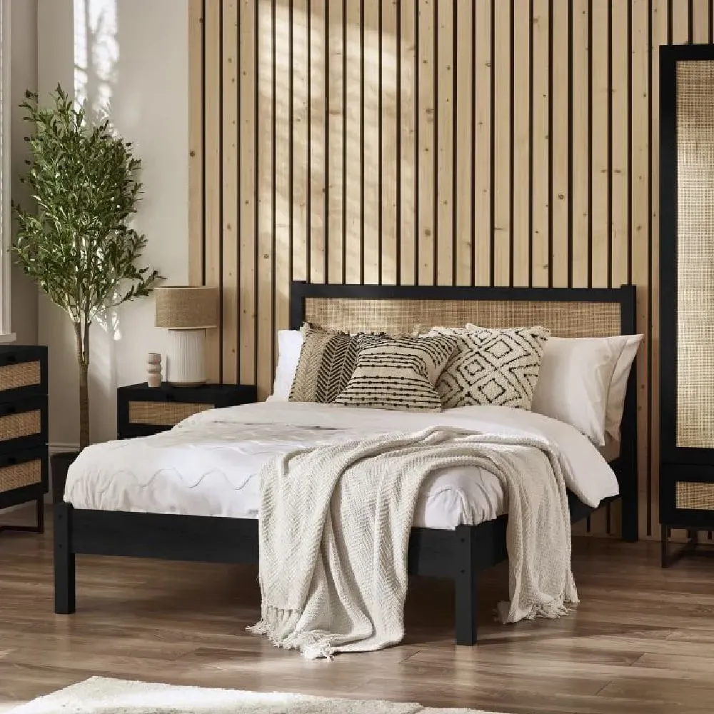 Pabla Double Bed with Rattan Headboard - Black