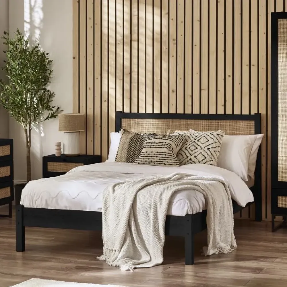 Pabla King Size Bed with Rattan Headboard - Black
