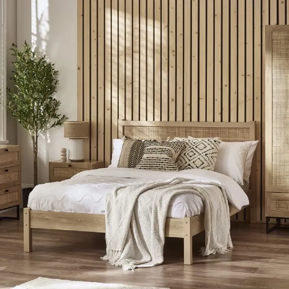 Pabla King Size Bed with Rattan Headboard - Oak