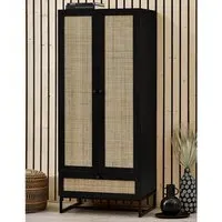 Pabla Wardrobe with 2 Doors 1 Drawer - Black, Rattan