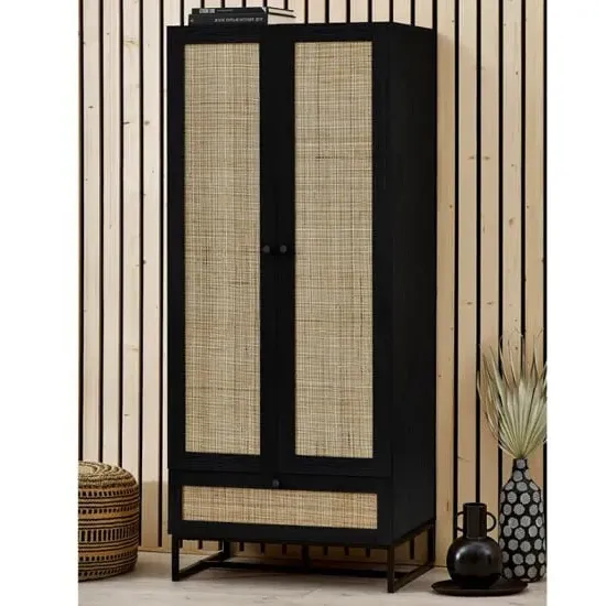 Pabla Wardrobe with 2 Doors 1 Drawer - Black, Rattan