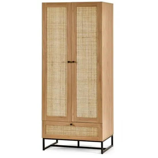 Pabla Wardrobe with 2 Doors 1 Drawer - Oak, Rattan