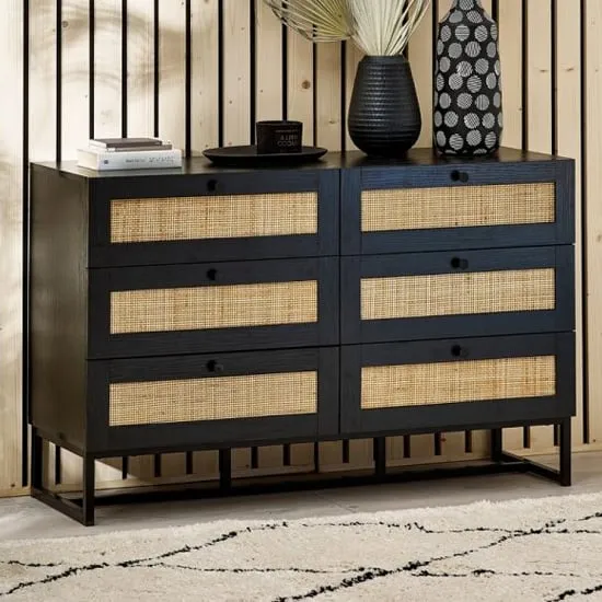 Pabla Wide 6-Drawer Chest - Black, Melamine