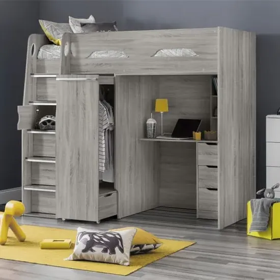 Paiva High Sleeper Bed with Storage - Grey, Oak