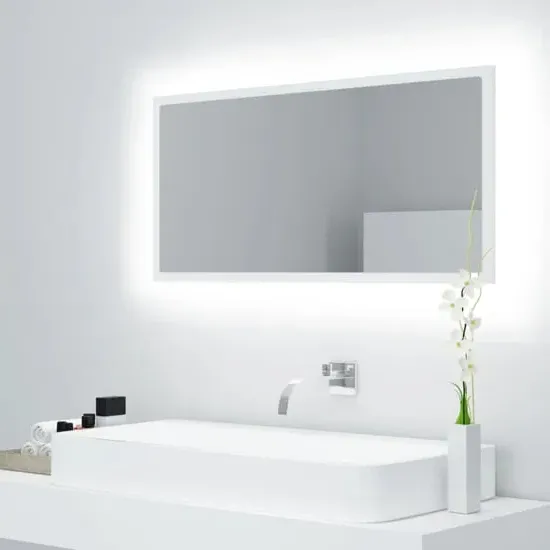 Palatka Bathroom Mirror with LED Lights - White, Engineered Wood