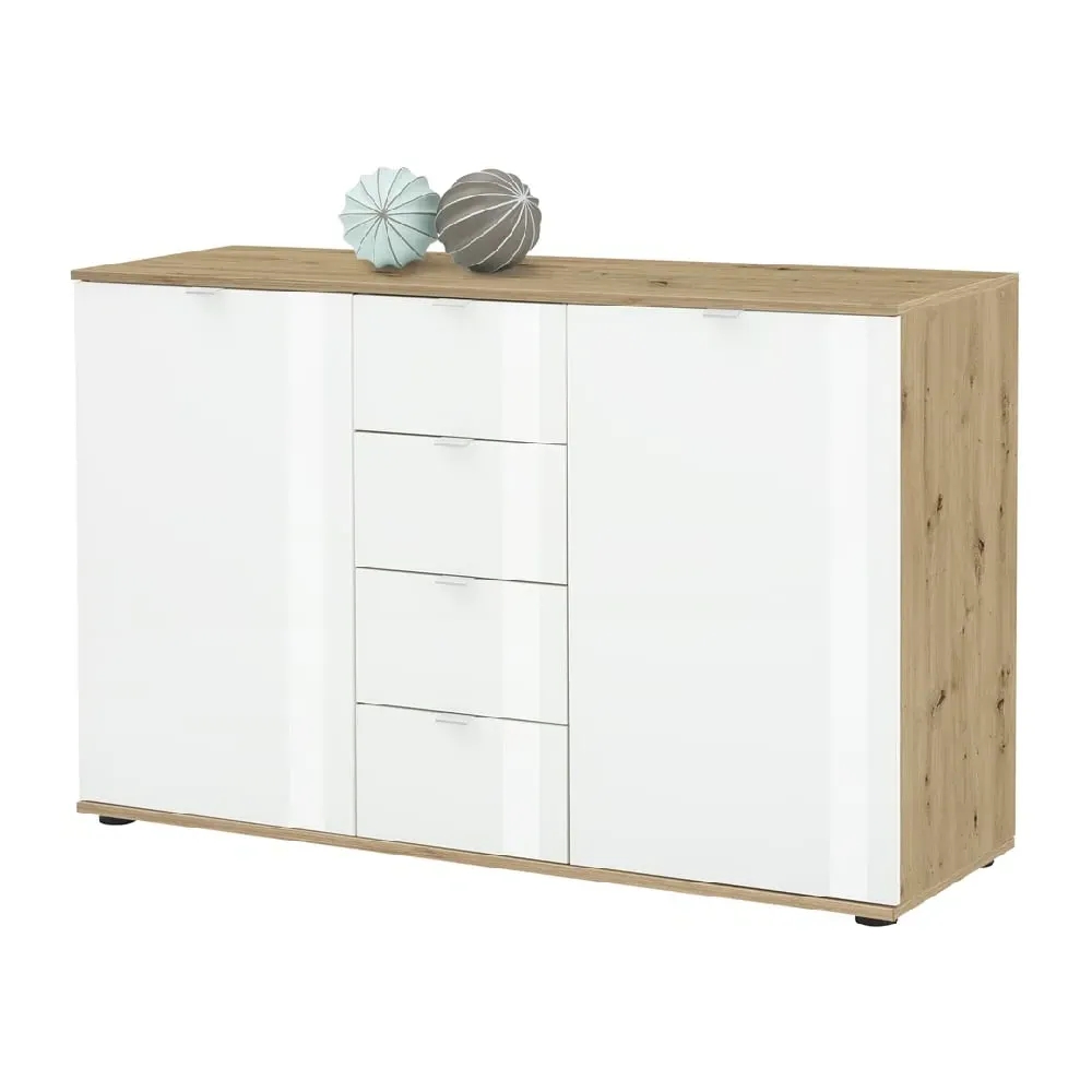 Palmer Wooden Sideboard with White Gloss Fronts - White, Pine image