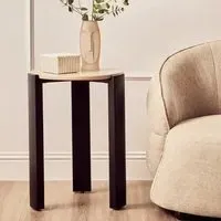 Paramus Round Side Table - Cream Marble, Acacia Wood